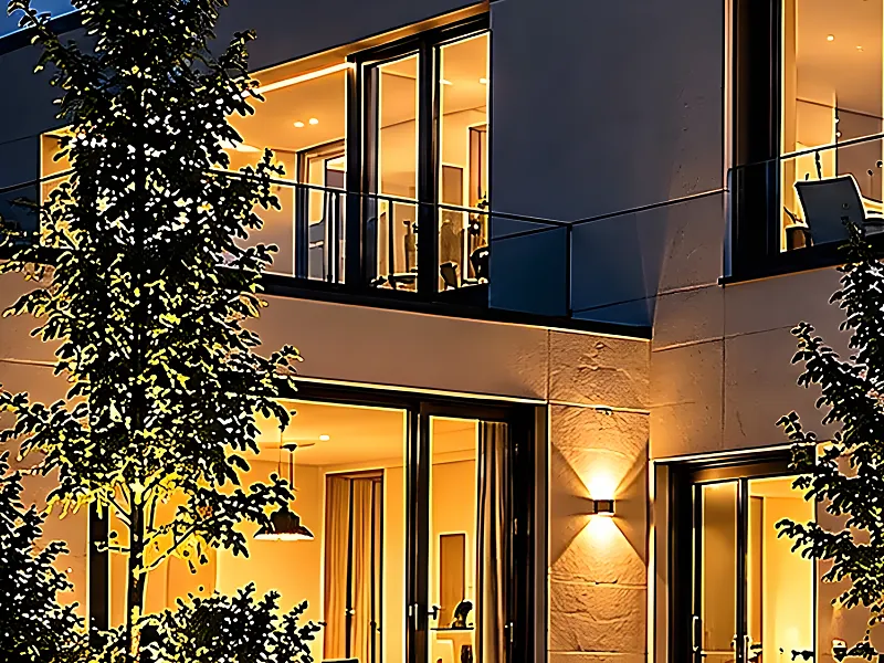 Beleuchtete Hausfassade mit Wandleuchte und angestrahlten Bäumen am Abend