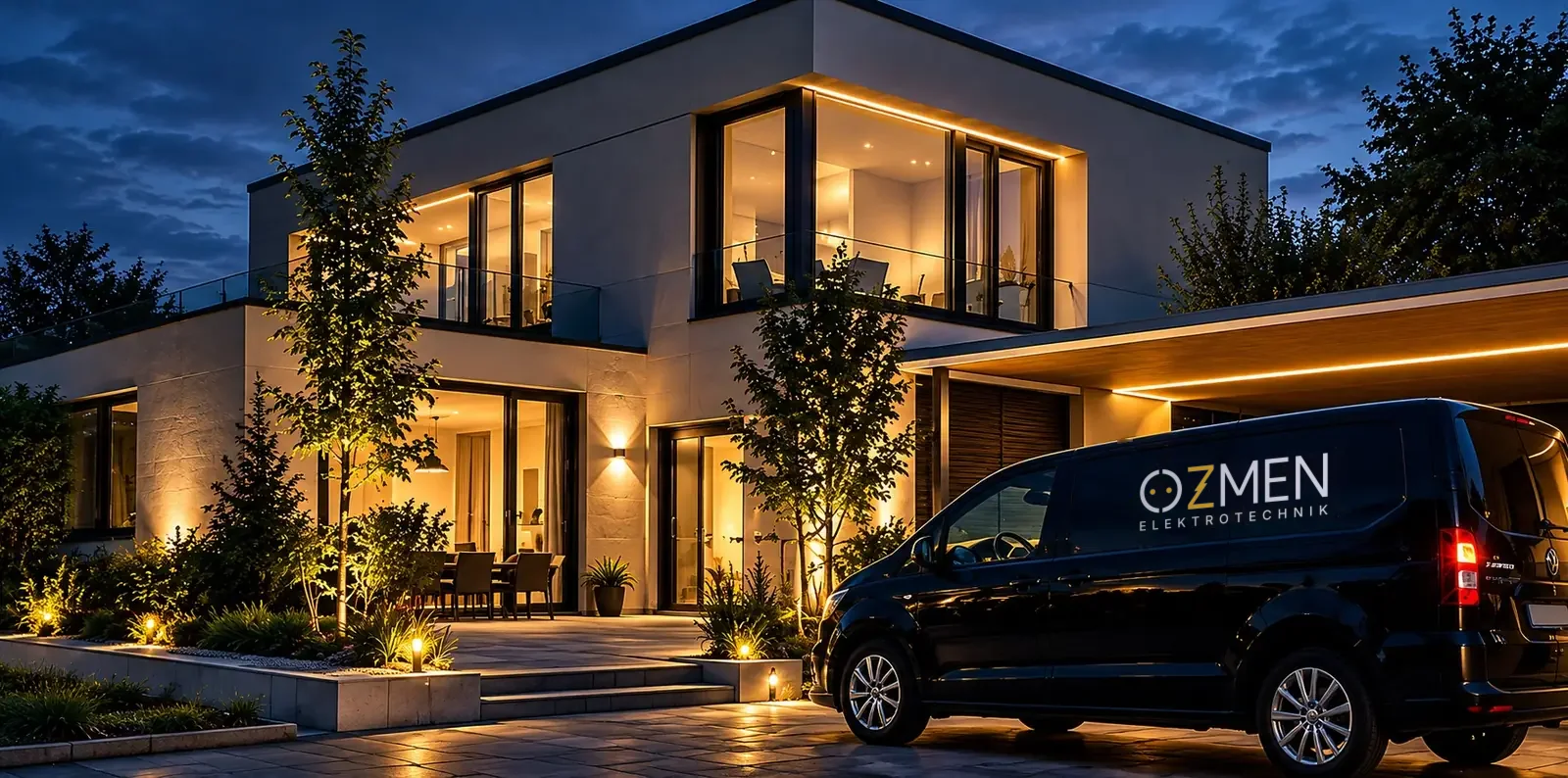 Modernes Wohnhaus mit Außenbeleuchtung und Elektroservicefahrzeug am Abend