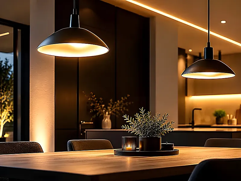 Pendelleuchten und indirekte LED-Beleuchtung in einem modernen Wohnbereich
